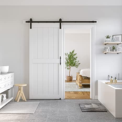 SmartStandard 38 x 84 in Sliding MDF Barn Door with 6.6FT Sliding Door Hardware Kit & Handle, Pre-Drilled Ready to Assemble, Waterproof PVC Coating, White, H-Frame