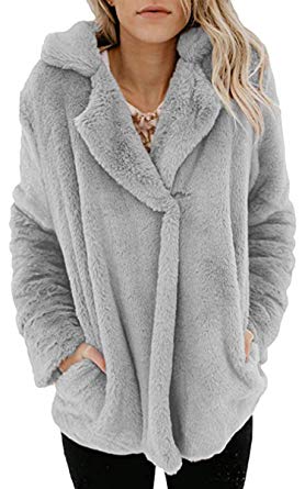 Angashion Women's Long Sleeve Lapel Faux Fur Button Oversized Warm Winter Jacket Coat Outwear with Pockets