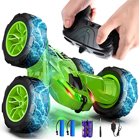 Remote Control Car，Boys RC Stunt Cars ，4WD 2.4 Ghz with LED HeadlightsDouble Sided 360°Rotating Rechargeable RC Car - 3 4 5 6 7 8-12 Year Old Boy Toys （4 Batteries Included）