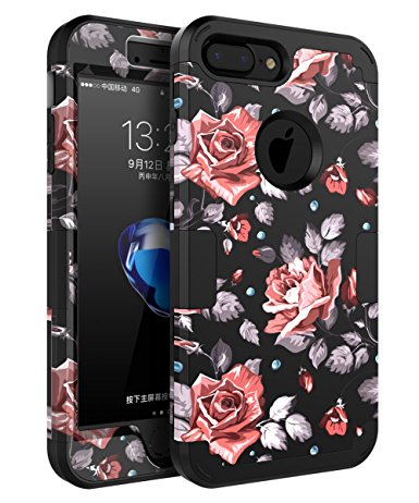 Topsky iPhone 7 Plus Case [Love Flower Series] Three Layer Heavy Duty Shockproof Anti-Scratch Soft Silicone Protective Case Fit For Apple iPhone 7 Plus,Roses