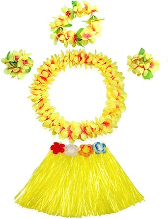 30cm Kids Elastic Grass Skirt with Flowers Bracelets Headband Necklace Hula Set