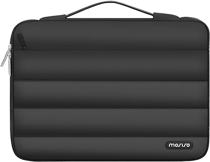 MOSISO 360 Protective Puffy Laptop Sleeve Compatible with MacBook Air/Pro, 13-13.3 inch Notebook, Compatible with MacBook Pro 14 inch 2023-2021, Polyester Horizontal Side Open Bag Case with Belt,Black