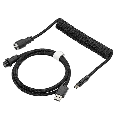 EPOMAKER Mix Pro Coiled USB C Cable, 1.5m Double Sleeved Cable for Mechanical Keyboard, with Detachable 4-Pin Aviator Connector for Gaming Keyboard(Mix Pro Black)