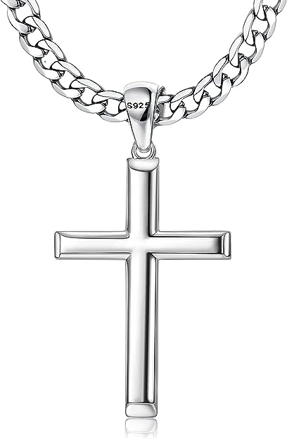 Tungary 925 Sterling Silver Cross Necklace for Men Women 5mm Stainless Steel Cuban Link Chain for Men Polished Silver Cross Pendant Chain Necklace Diamond-Cut Durable Mens Jewelry Gift 16-28 Inches