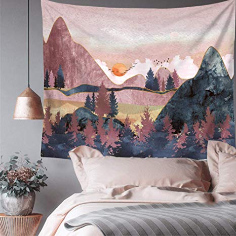Indusleaf Mountain Tapestry Wall Hanging - Pink Wall Tapestry for Girls Home Room Decor Sunset Forest Wall Tapestry Trippy Nature Landscape Tapestry