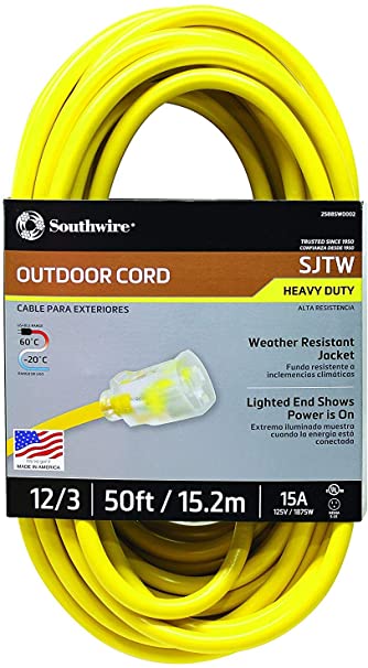 Southwire 2588SW0002 Outdoor Extension Cord- 12/3 American Made SJTW Heavy Duty 3 Prong Extension Cord- Great for Commercial Use, Gardening, and Major Appliances (50 Foot- Yellow)