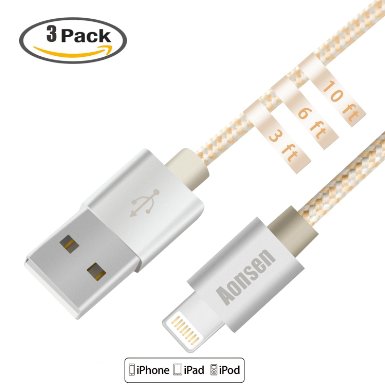 Aonsen Lightning Cable,3Pack 3FT 6FT 10FT Nylon Braided 8 Pin iPhone Cord,Compatible with iPhone 6/6 Plus/6s/6s Plus/5/5c/5s,iPad 4 Mini Air(Gold)