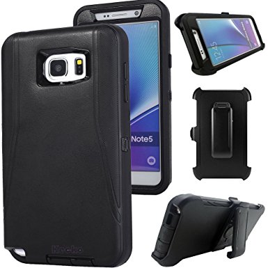 Kecko® Defender Series 3-layer Shockproof Weather Impact Resistant Military Duty Full Body Protective Rugged Silicon Case w/ Built-in Screen Protector&Belt Clips for Samsung Galaxy Note 5 (Black)