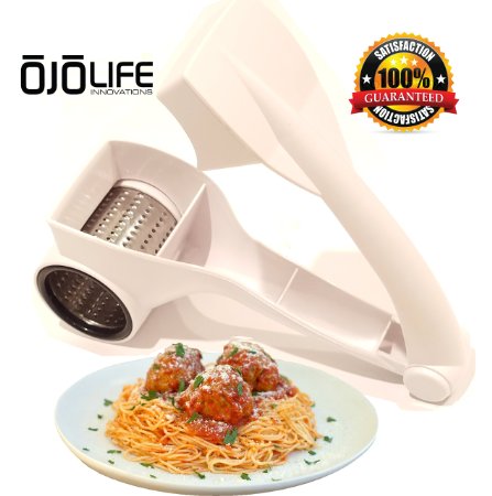Professional Duty Rotary Cheese Grater Shredder - Multi Use - Razor Sharp Stainless Steel Blades - With Complementary E-Cookbook - Restaurant Quality - Premium Grade - by OjoLife Innovations