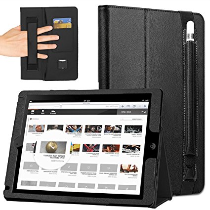 iPad Pro 12.9 Case, COCASES Stand Folio Smart Leather Case Cover with Auto Sleep/Wake Function Pencil Holder and Card Document Pocktet (Black, 12.9")