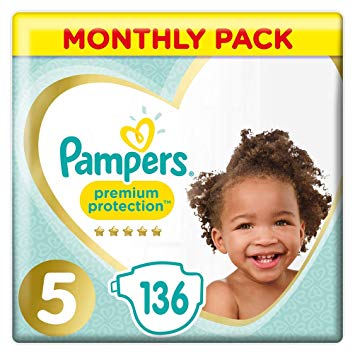 Pampers Premium Protection, Monthly Saving Pack, Soft Comfort, Approved by British Skin Foundation, Size 5, 136 Nappies, 11-16 kg