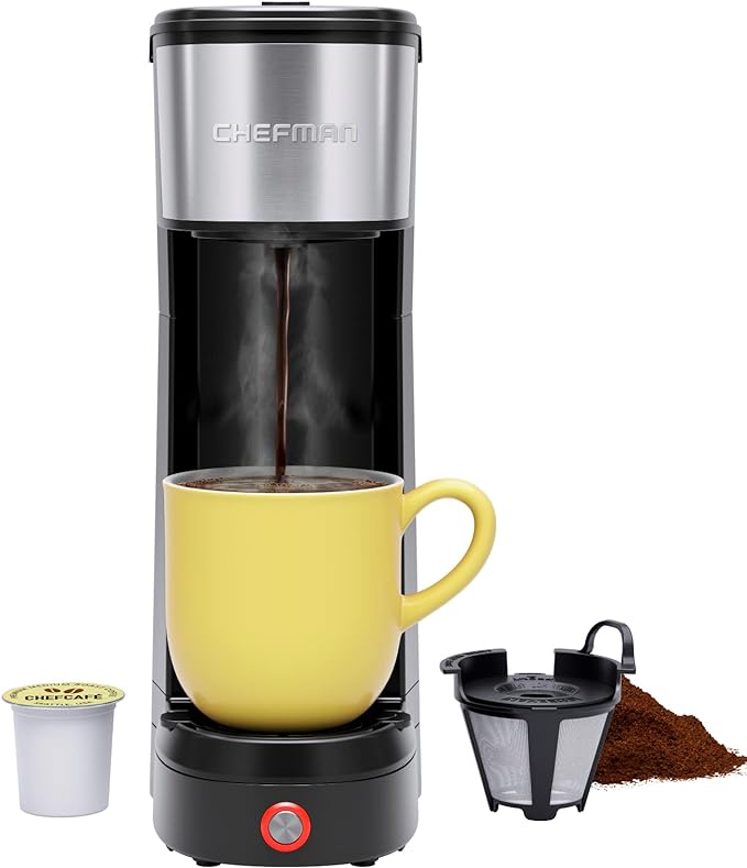 Chefman Single Serve Coffee Maker, 6-14 Ounce K-Cup® and Grounds Compatible Coffee Machine Drip Coffee Maker, Single Cup Coffee Maker Perfect for Coffee Gifts, College Student Gifts, Filter Included