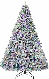 Hykolity 6.5 ft Prelit Christmas Tree with 250 Color-Changing LED Lights, Snow Flocked Artificial Christmas Tree with Pine Cones and Berries, 1032 Tips, Metal Stand and Hinged Branches, 10 Colors