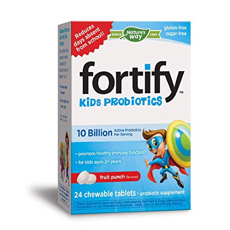 Nature's Way Fortify™ Kids Probiotics 10B Fruit Punch, Kids Immune Support, Sugar Free, Smart Probiotic, Gluten Free, 24 chewable tablets