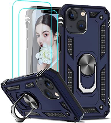 LeYi Compatible for iPhone 13 Mini Case with [2 Pack] Tempered Glass Screen Protector, [Military-Grade] Protective Phone Case with Ring Kickstand for iPhone 13 Mini 5.4 inch 2021, Blue