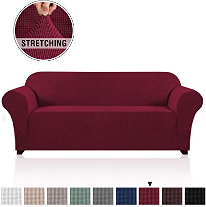 High Stretch Soft Sofa Cover for Oversize Sofa 1 Piece Furniture Protector/Cover with Elastic Anti-Slip Foam Rich Textured Lycra High Spandex Small Checks Pattern (XL Sofa, Burgundy)