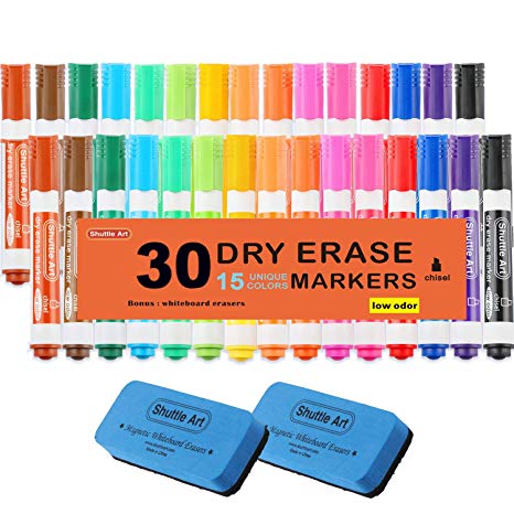 Dry Erase Markers with Eraser, 30 Pack Shuttle Art 15 Colors White Board Markers and Eraser, Low-Odor, Chisel Tip Usable on Whiteboard Surface for School Office Home