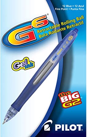 PILOT G6 Refillable & Retractable Gel Ink Rolling Ball Pen, Fine Point, Blue Ink, 12-Pack (31402)