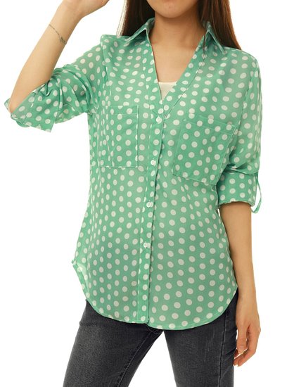 Allegra K Women Polka Dots Point Collar Convertible Sleeve Portofino Shirt