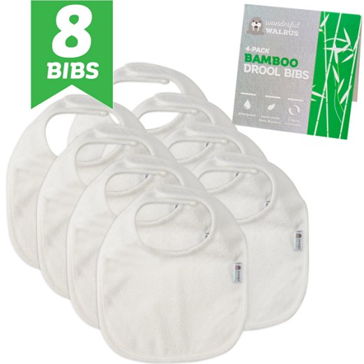 Bamboo Terry Drool Bibs. Waterproof 8-Piece Set For Baby by Wonderful Walrus. Natural. Simple. Classic. 2 Reversible, Ultra Soft & Absorbent Layers. In White for Ideal Unisex Gift or to Decorate.