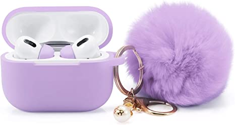 Protective Case Cover for Airpods Pro Charging Case with Ear Tips 1 Pair Kit, Air Pods Silicone Case with Soft Cute Fur Ball Pom Pom Keychain Kit Together with Ear Buds Tips 2&1 (X, Lavender Purple)