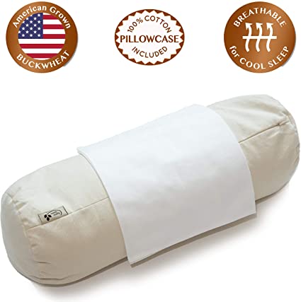 ComfyComfy Round Buckwheat Pillow for Side Sleeper Neck Support, XL Size (23” x 7.5”), USA Grown Buckwheat Hulls, Durable Organic Cotton Twill, and Custom Percale Cotton Pillowcase