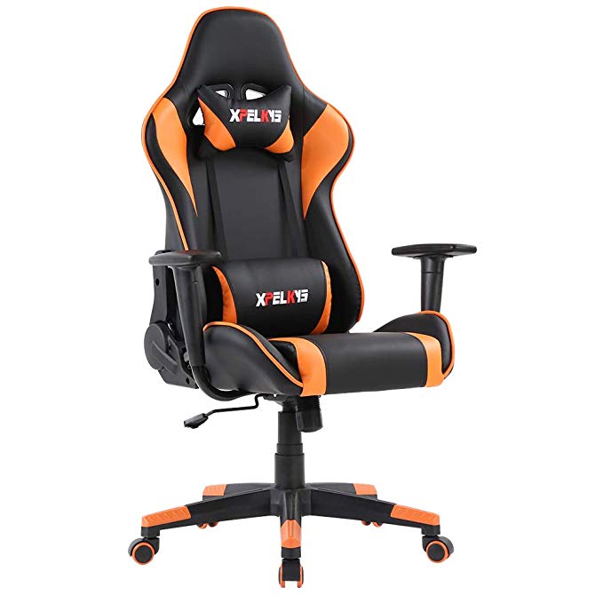 XPELKYS Gaming Office Chair Computer Desk Chair Racing Style High Back PU Leather Chair Executive and Ergonomic Style Swivel Chair with Headrest and Lumbar Support (Orange)