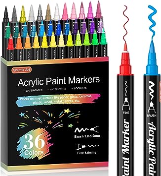 Shuttle Art 36 Colors Dual Tip Acrylic Paint Markers, Brush Tip and Fine Tip Acrylic Paint Pens for Rock Painting, Ceramic, Wood, Canvas, Plastic, Glass, Stone, Calligraphy, Card Making, DIY Crafts