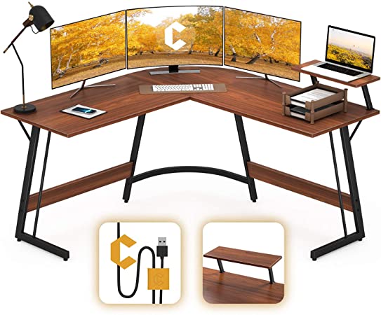 Cubiker Modern L-Shaped Desk Computer Corner Desk, PC Laptop Writing Study Desk for Home Office Wood & Metal, Espresso