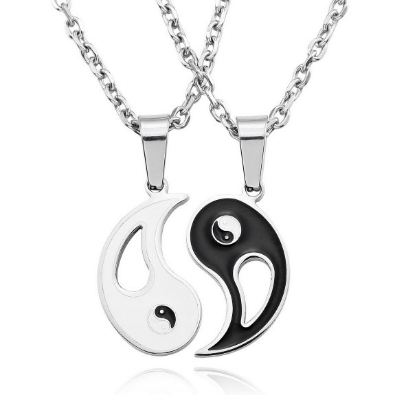 Men's 2PCS Stainless Steel Enamel Pendant Necklace Black White Yin Yang Valentine -with 20 and 23 inch Chain