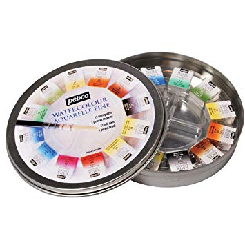 Pebeo Watercolour Aquarelle Fine Round Metal Gift Box of 12 half pan paints
