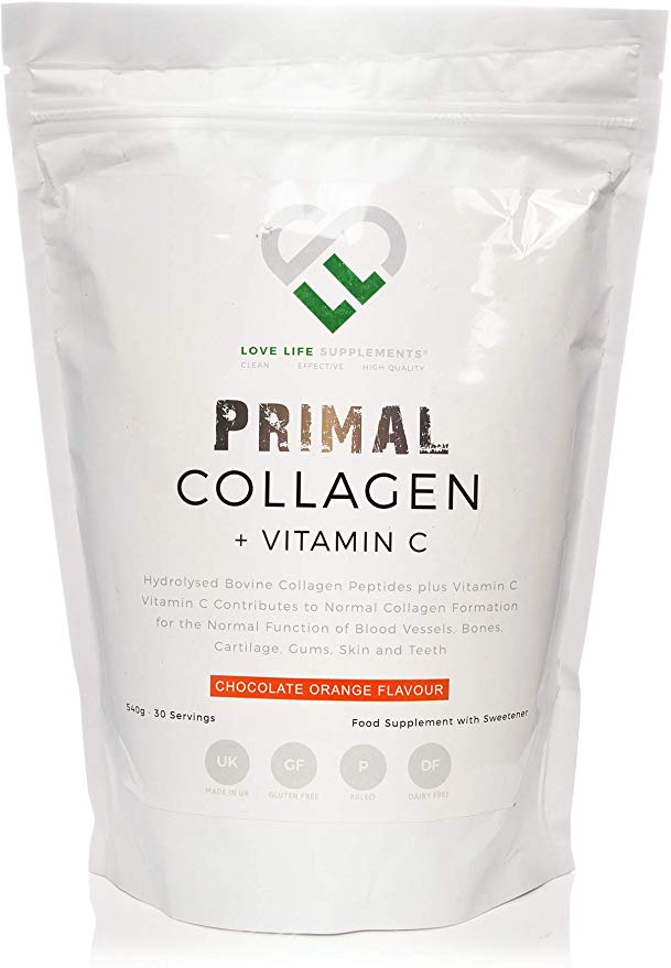 Primal Collagen   Vitamin C by LLS | Hydrolysed Bovine Collagen Plus Vitamin C for Enhanced Collagen Production | Gluten/Dairy Free | 540g / 30 Servings | Chocolate Orange Flavour | UK Made