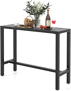 COSTWAY Outdoor Bar Table 48-inch Wide, Narrow Counter Height Dining Table with Waterproof Top and Heavy-Duty Metal Frame, Rectangular Pub Table for Hot Tub Garden Patio Backyard Poolside, Black