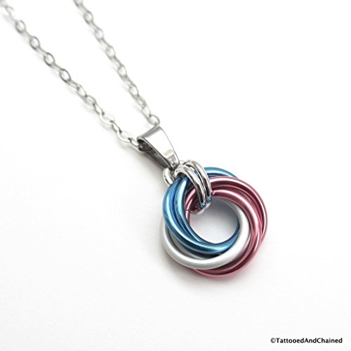 Transgender pride pendant, chainmail love knot; pink white blue