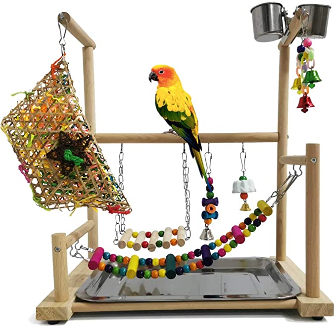 kathson Parrot Playstand Bird Playground Cockatiel Play Stand Wood Perch Gym Playpen Ladder Parakeets Cage Accessories Exercise Toys with Swings Feeder Cups for Conures Cockatoos Lovebirds