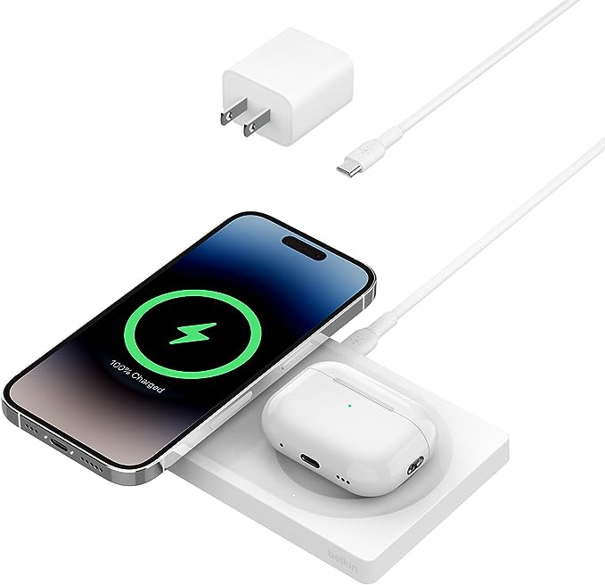 Belkin BoostCharge Pro 2-in-1 Wireless Charging Pad with MagSafe 15W, Fast Charging iPhone Charger Compatible with iPhone 14, 13, and 12 Series, AirPods, and Other MagSafe Enabled Devices - White