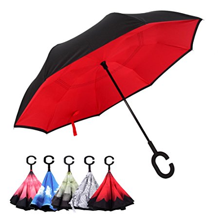 LYNICESHOP Double Layer Reverse Umbrella, Inverted Folding Straight Car Umbrella with C Shaped Handle Windproof Rain UV Protection