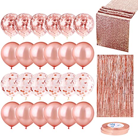 Whaline 52 Pack Rose Gold Party Wedding Decoration Set, Include 48 Pcs Rose Gold Confetti Balloons with 2 Rolls Foil Ribbon and Foil Curtain,12x108 Inches Sequin Table Runner for Valentine Birthday