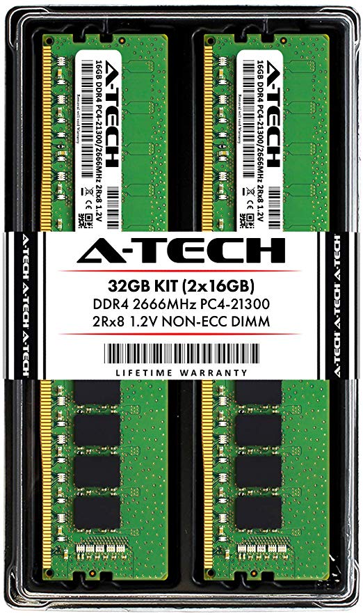 A-Tech 32GB DDR4 2666MHz Desktop Memory Kit (2 x 16GB) PC4-21300 Non-ECC Unbuffered DIMM 288-Pin 2Rx8 1.2V Dual Rank Computer RAM Upgrade Sticks (AT16G2D4D2666ND8N12V)