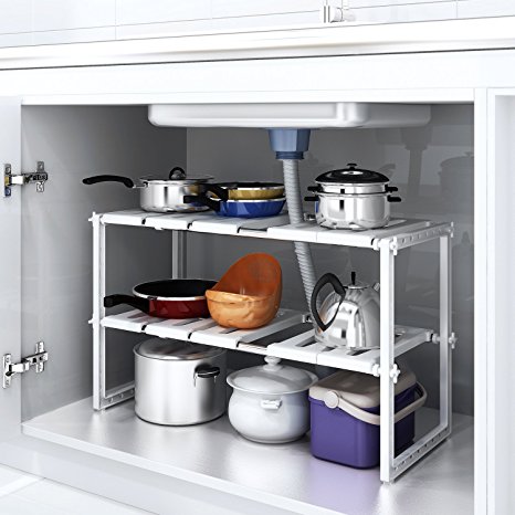 HOMFA Under Sink Shelf Extendable Storage Stainless Steel Rack Adjustable Kitchen Organiser