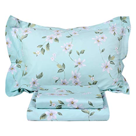 FADFAY Shabby Blue White Floral Bed Sheet Set 100% Cotton Deep Pocket Sheets Sets 4-Piece Queen Size