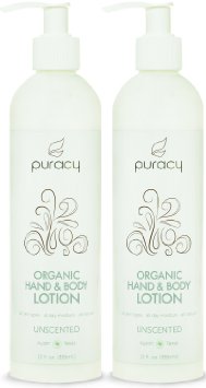 Puracy Organic Hand & Body Lotion - The BEST Lightweight Natural Moisturizer - All Skin Types - Developed by Doctors with Clinically Superior Ingredients - Unscented - 12-Ounce Pump Bottle (Pack of 2)