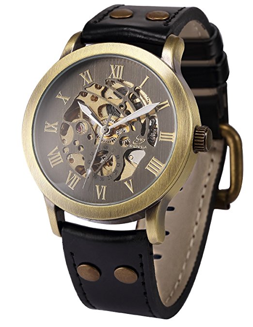 AMPM24 Vintage Roman Steampunk Skeleton Self-Winding Mechanical Leather Band Men's Watch PMW199