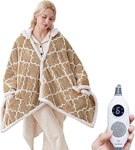 Westinghouse Wearable Heated Throw Blanket, Electric Snuggle Throw Wrap Poncho Shawls with Pockets & Hoodie, 6 Heating Levels & 2 to 10 Hours Time Settings, Machine Washable, 50 x 60 Inch, Beige