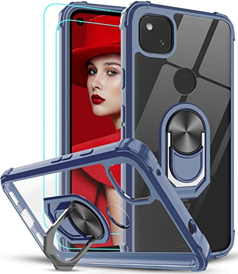 Google Pixel 4A Case (Not Fit Pixel 4A 5G) with 2PCS Tempered Glass Screen Protector, LeYi [Military-Grade] Clear Crystal Phone Case with Magnetic Ring Kickstand for Google Pixel 4A, Blue