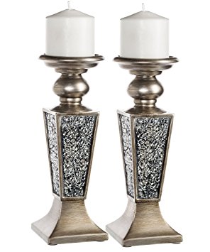 Creative Scents Schonwerk Pillar Candle Holder Set of 2- Crackled Mosaic Design- Functional Table Decorations- Centerpieces for Dining/ Living Room- Best Wedding/ Anniversary Gift (Silver)