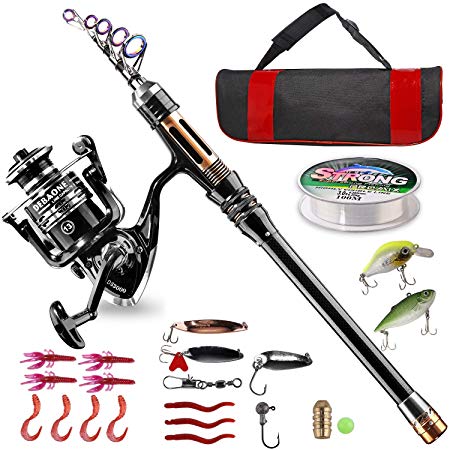 BlueFire Fishing Rod and Reel Combos Telescopic Fishing Rod Kit with Spinning Reel, Fishing Line, Lure, Hooks and Carrier Bag, Fishing Gear Set for Beginner Adults Youths Travel Saltwater Freshwater