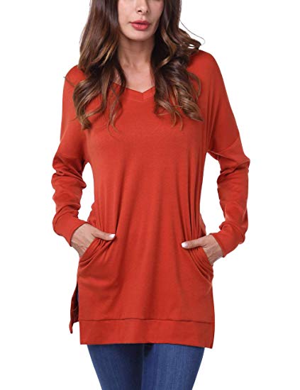 DJT FASHION Womens Fall Long Sleeve Plus Pullover Side Split Loose Casual Tunic Tops
