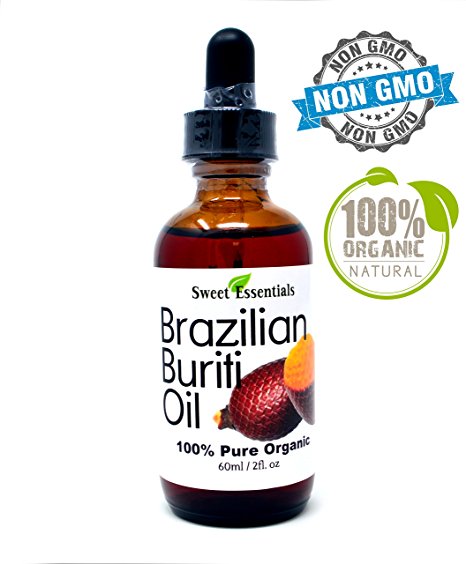 100% Organic Buriti Fruit Oil | Imported From Brazil | 2oz Glass Bottle With Glass Dropper | 100% Pure | Cold-Pressed | Natural Moisturizer for Skin, Hair and Face | By Sweet Essentials