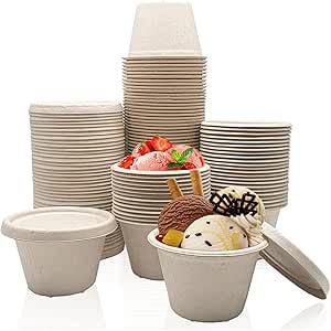 Goiio 50 Pcs 4 Oz Bagasse Fiber Condiment Cups with Lids, Compostable Portion Cups, Disposable Souffle, for Snack Dressing Food Storage